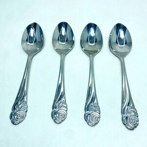 (4) Yamazaki Japan Ribbon Rose Stainless Glossy Teaspoon Lot 6 3/8"